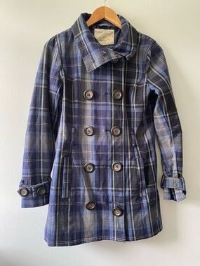 Plaid Double-Breasted Blue Women's Peacoat